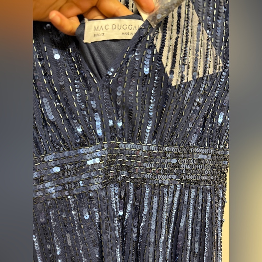 NWT | Mac Duggal 14007 Midnight Blue Navy A Line Embellished Midi Dress Size 12 - Picture 5 of 15